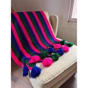 Vintage Handmade Vibrant Stripe Blanket Throw Large Tassels Boho Chromatic 26x82